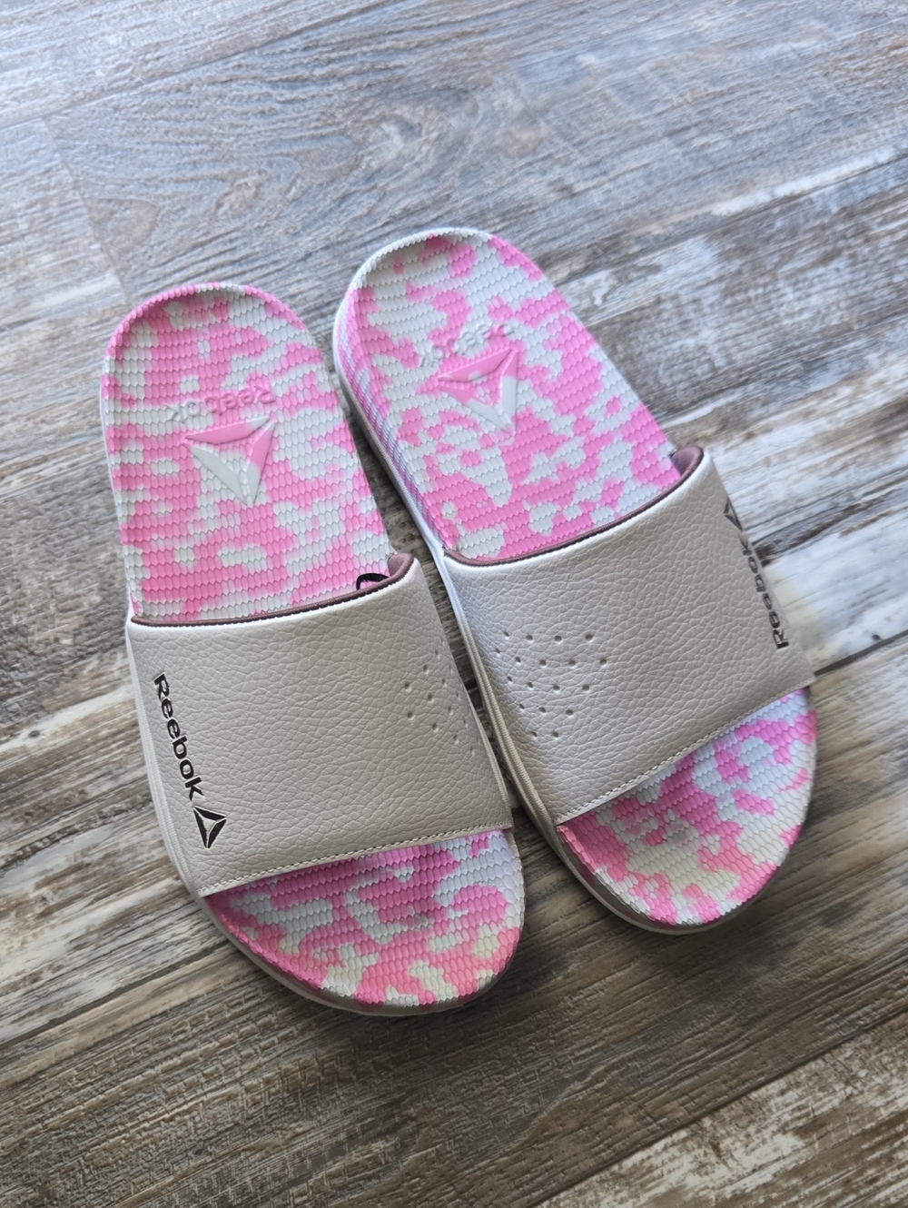 Reebok Women’s Pink and Cream Slide Sandals
